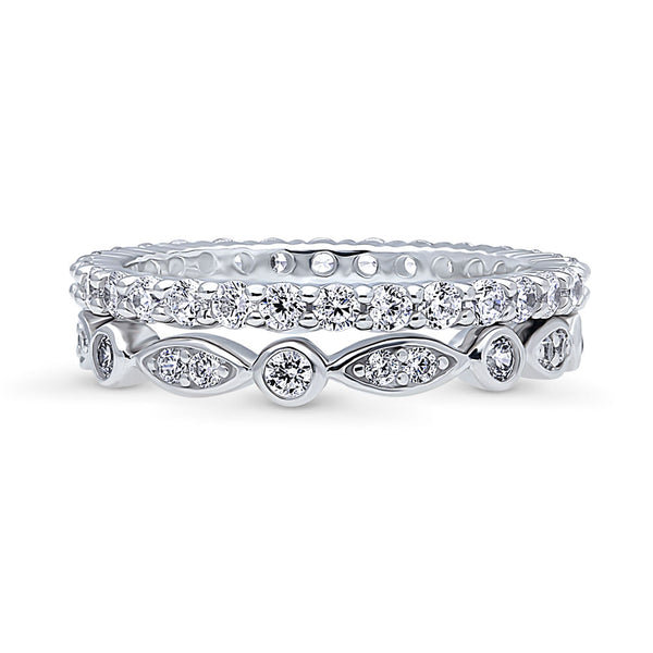 Silver Bubble Bezel Cubic Zirconia Wedding Eternity Ring Set