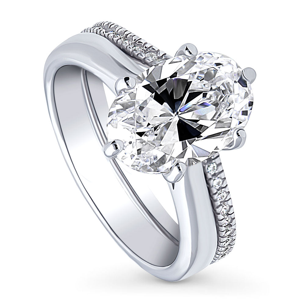 Front view of Solitaire Wishbone 3ct Oval CZ Ring Set in Sterling Silver, 4 of 20