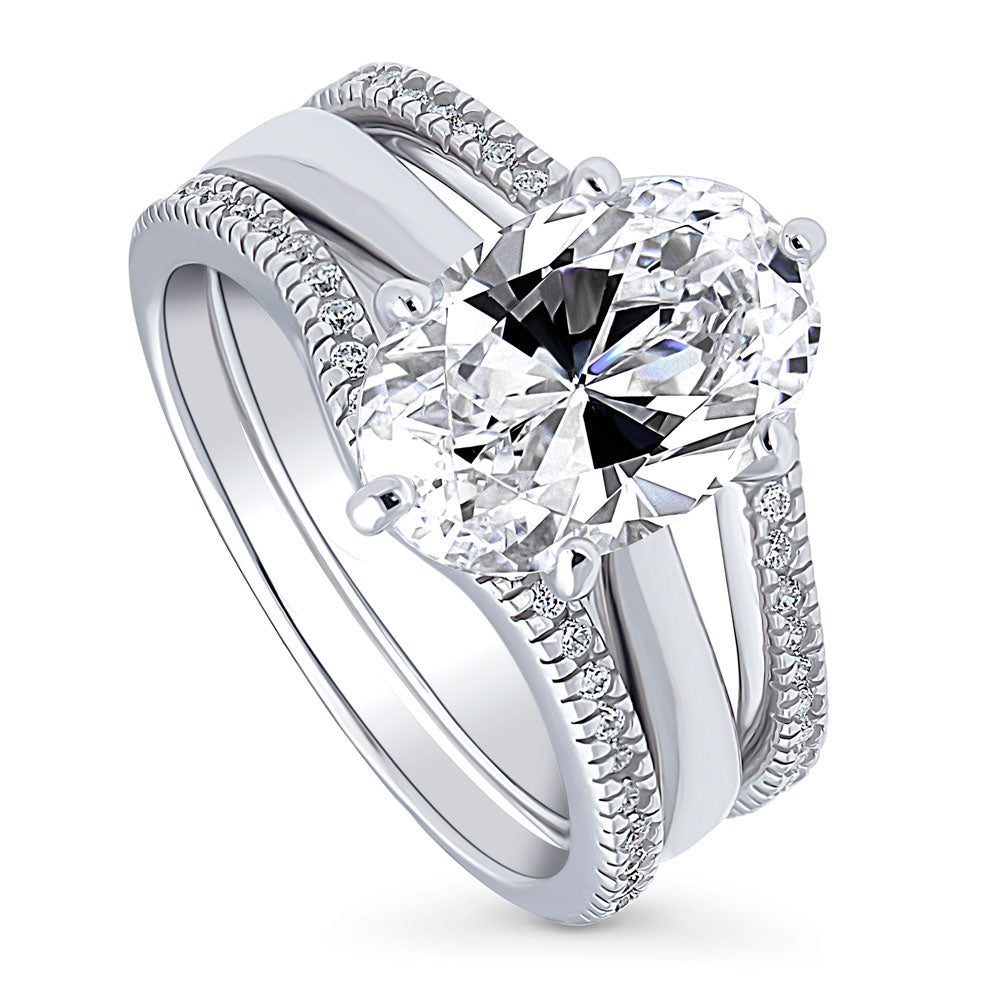 Front view of Solitaire Wishbone 3ct Oval CZ Ring Set in Sterling Silver, 4 of 20