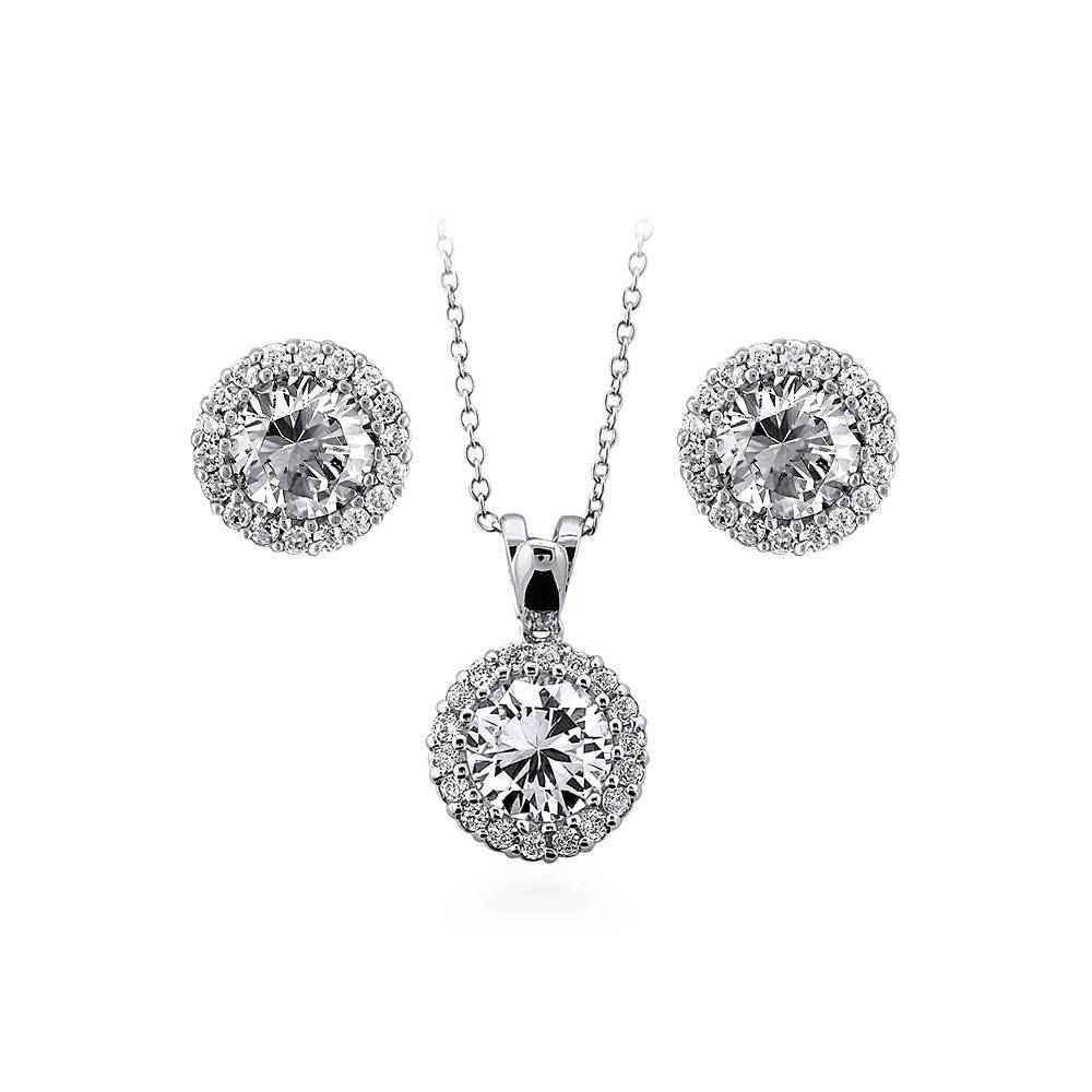 Halo Round CZ Necklace and Earrings Set in Sterling Silver