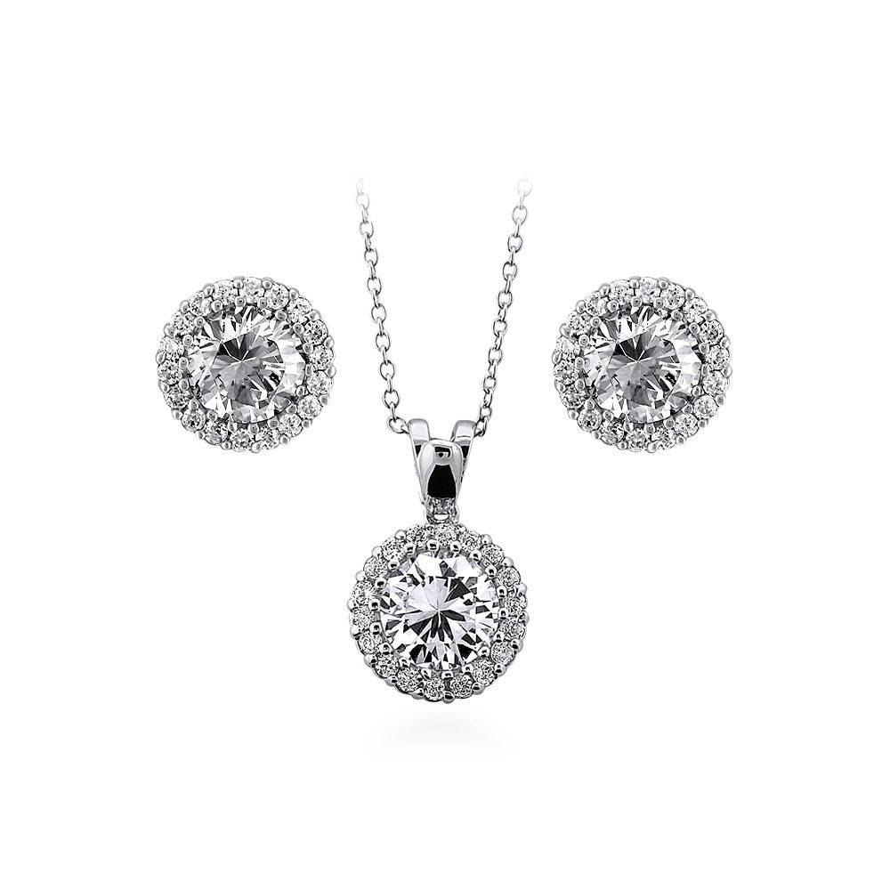 Halo Round CZ Necklace and Earrings Set in Sterling Silver, 1 of 9
