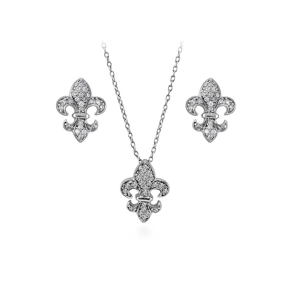 Fleur De Lis CZ Necklace and Earrings Set in Sterling Silver, 1 of 13