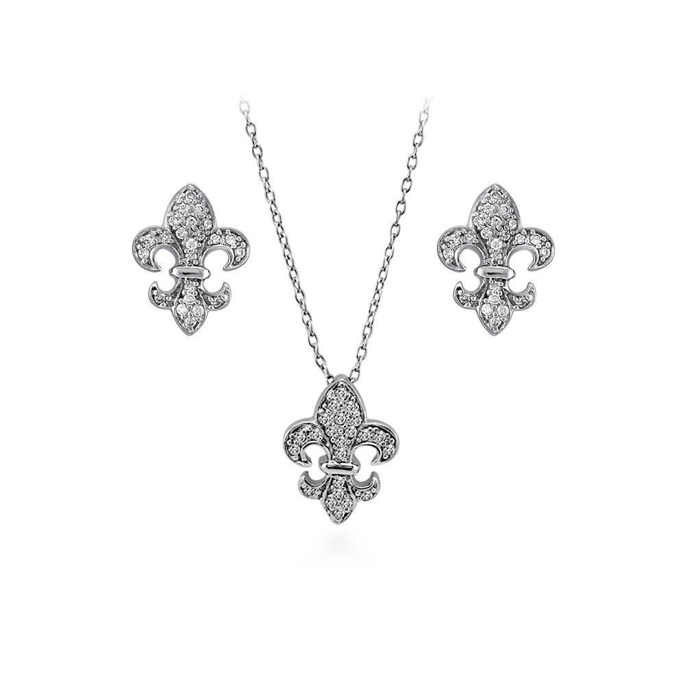 Fleur De Lis CZ Necklace and Earrings in Sterling Silver