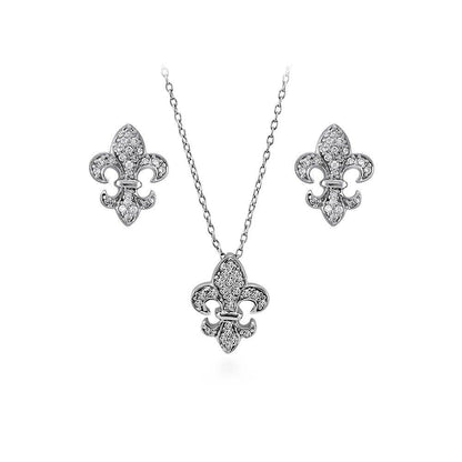Fleur De Lis CZ Necklace and Earrings in Sterling Silver