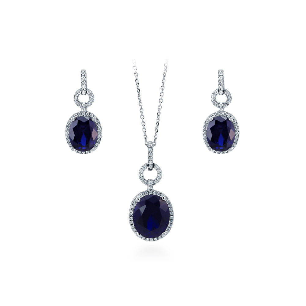 Halo Simulated Blue Sapphire Oval CZ Set in Sterling Silver, 1 of 9