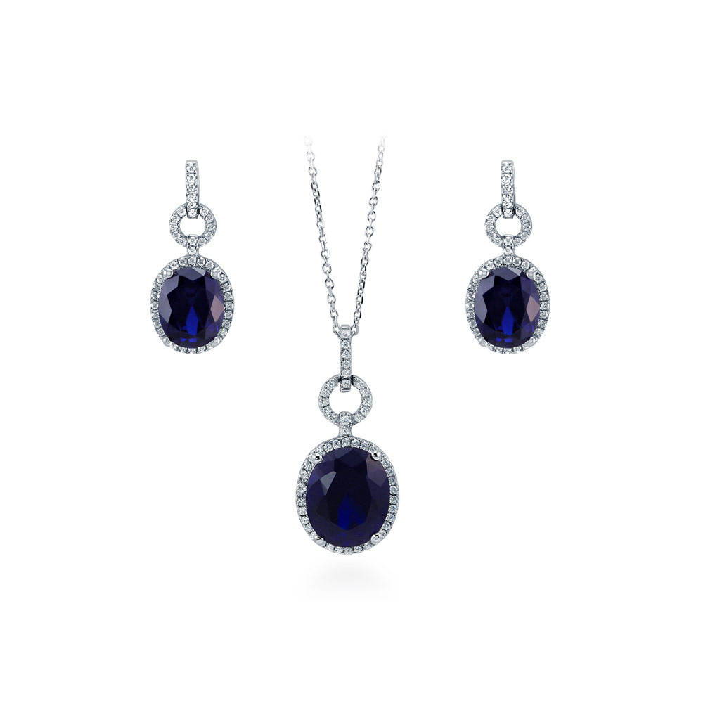 Halo Sapphire-Blue Oval CZ Set in Sterling Silver