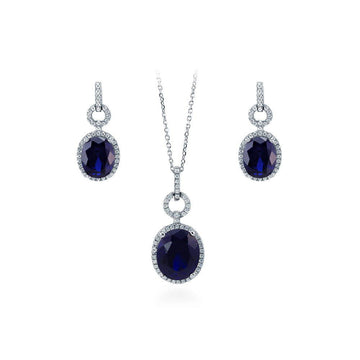 Halo Simulated Blue Sapphire Oval CZ Set in Sterling Silver