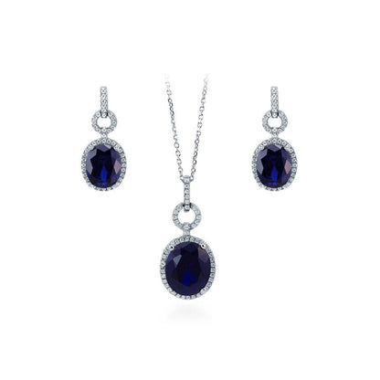 Halo Sapphire-Blue Oval CZ Set in Sterling Silver