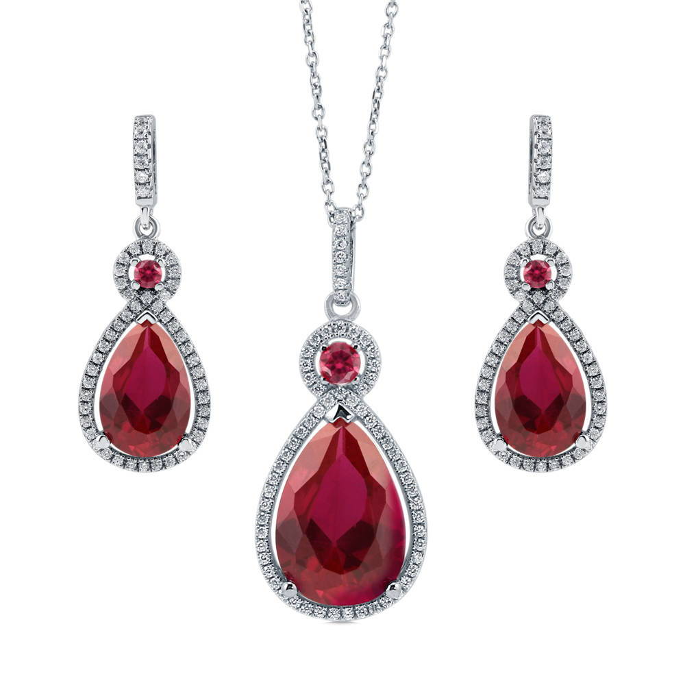 Halo Simulated Ruby Pear CZ Set in Sterling Silver, 1 of 10