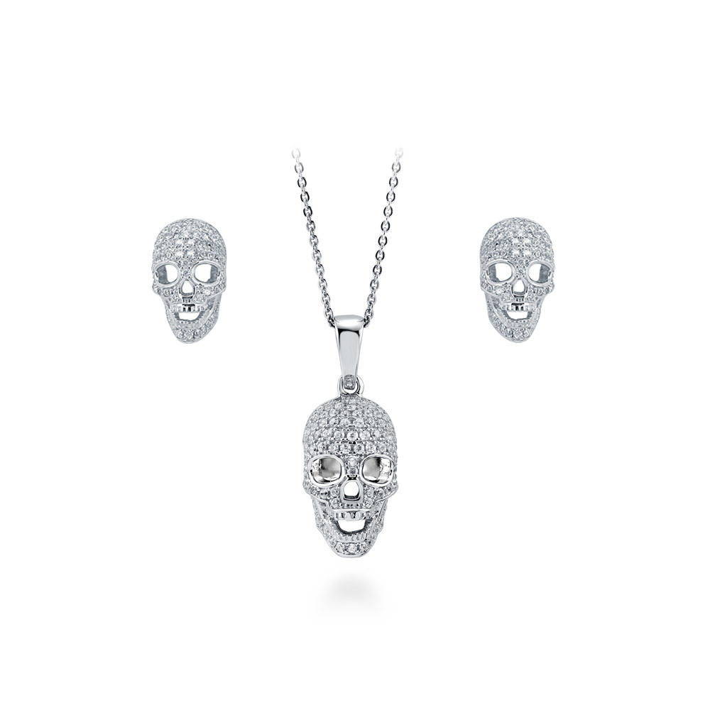 Skull Bones CZ Necklace and Earrings Set in Sterling Silver, 1 of 12