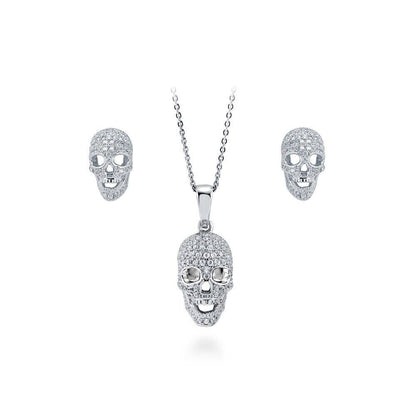 Skull Bones CZ Necklace and Earrings in Sterling Silver
