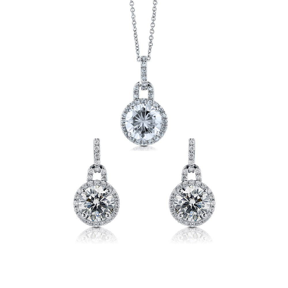 Halo Round CZ Necklace and Earrings Set in Sterling Silver, 1 of 8
