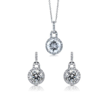 Halo Round CZ Necklace and Earrings Set in Sterling Silver