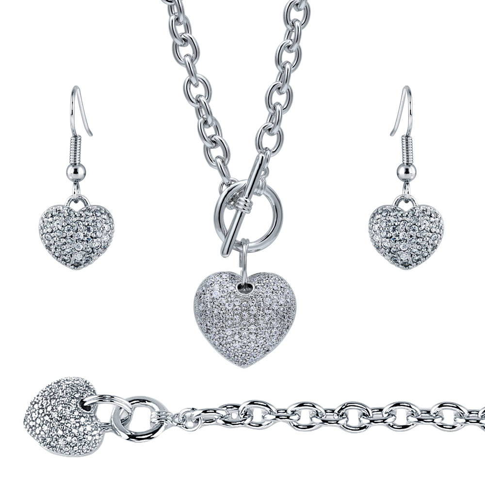 Heart CZ Necklace Earrings and Bracelet Set in Silver-Tone, 1 of 19