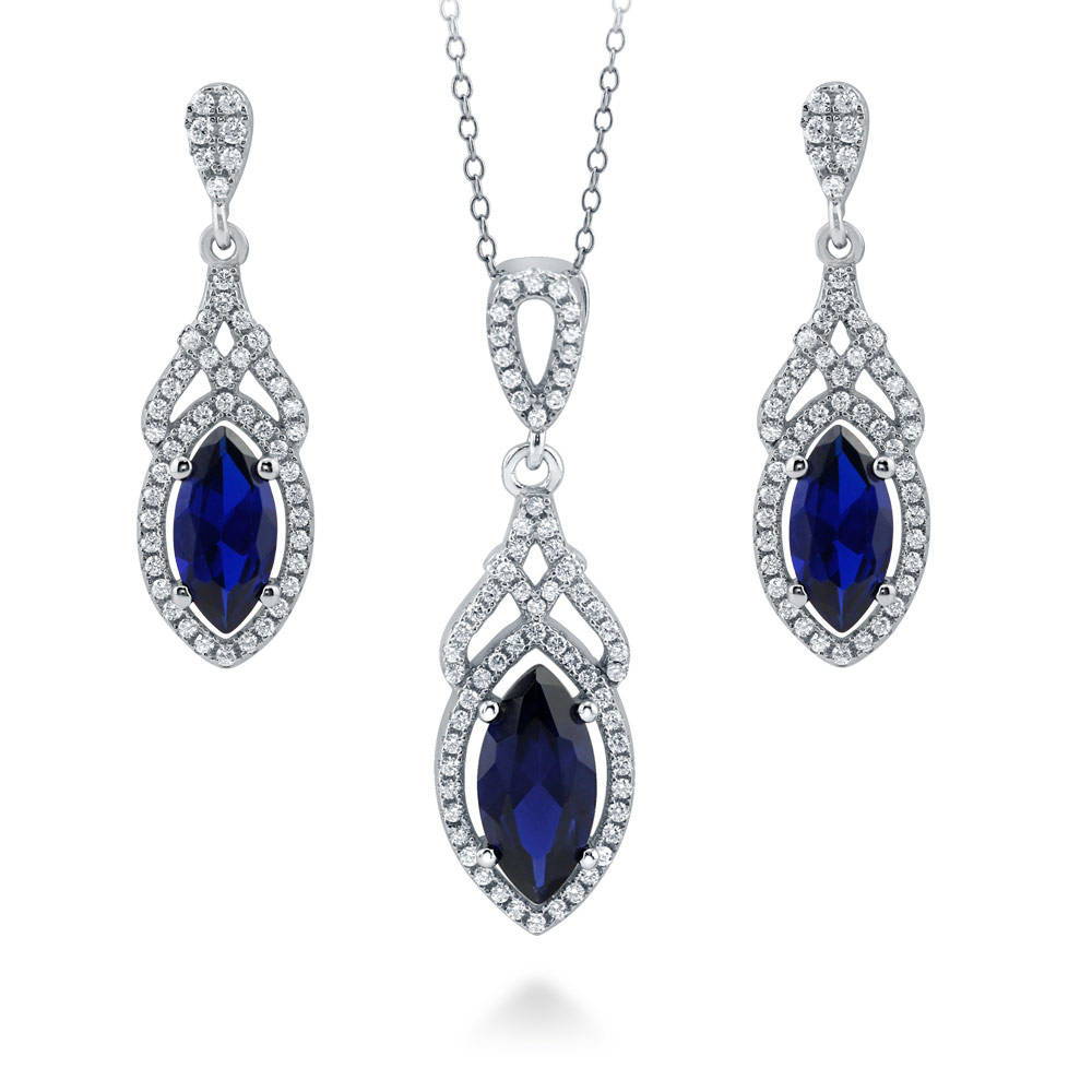 Halo Simulated Blue Sapphire Marquise CZ Set in Sterling Silver, 1 of 9