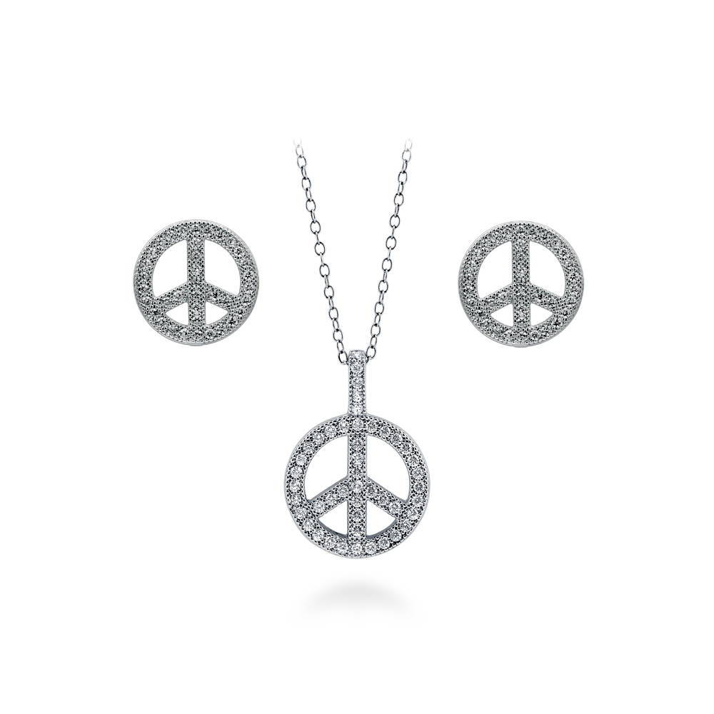 Peace Sign CZ Necklace and Earrings Set in Sterling Silver, 1 of 8