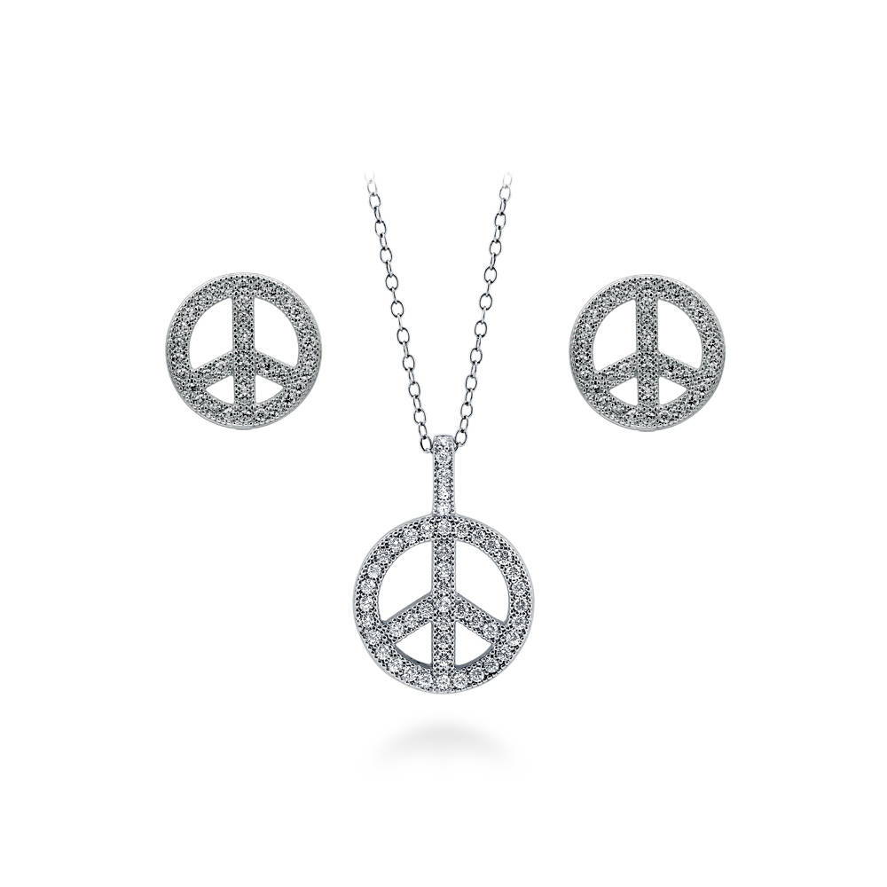 Peace Sign CZ Necklace and Earrings in Sterling Silver, 1 of 8