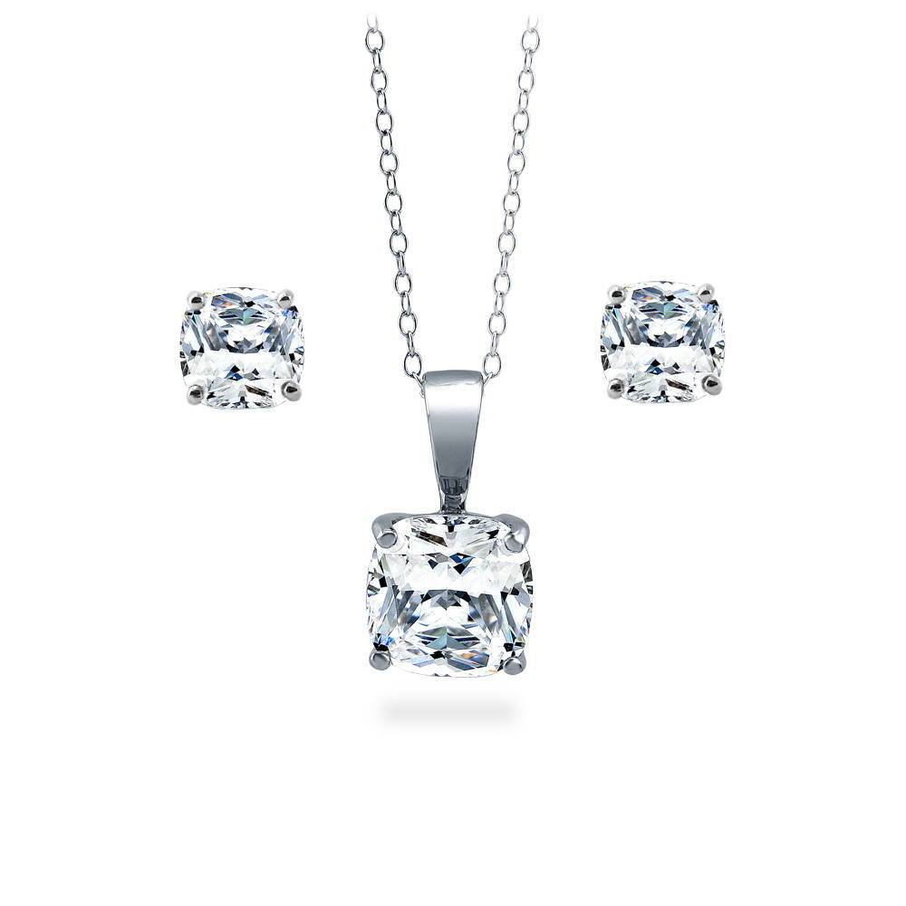 Solitaire Cushion CZ Necklace and Earrings Set in Sterling Silver, 1 of 11