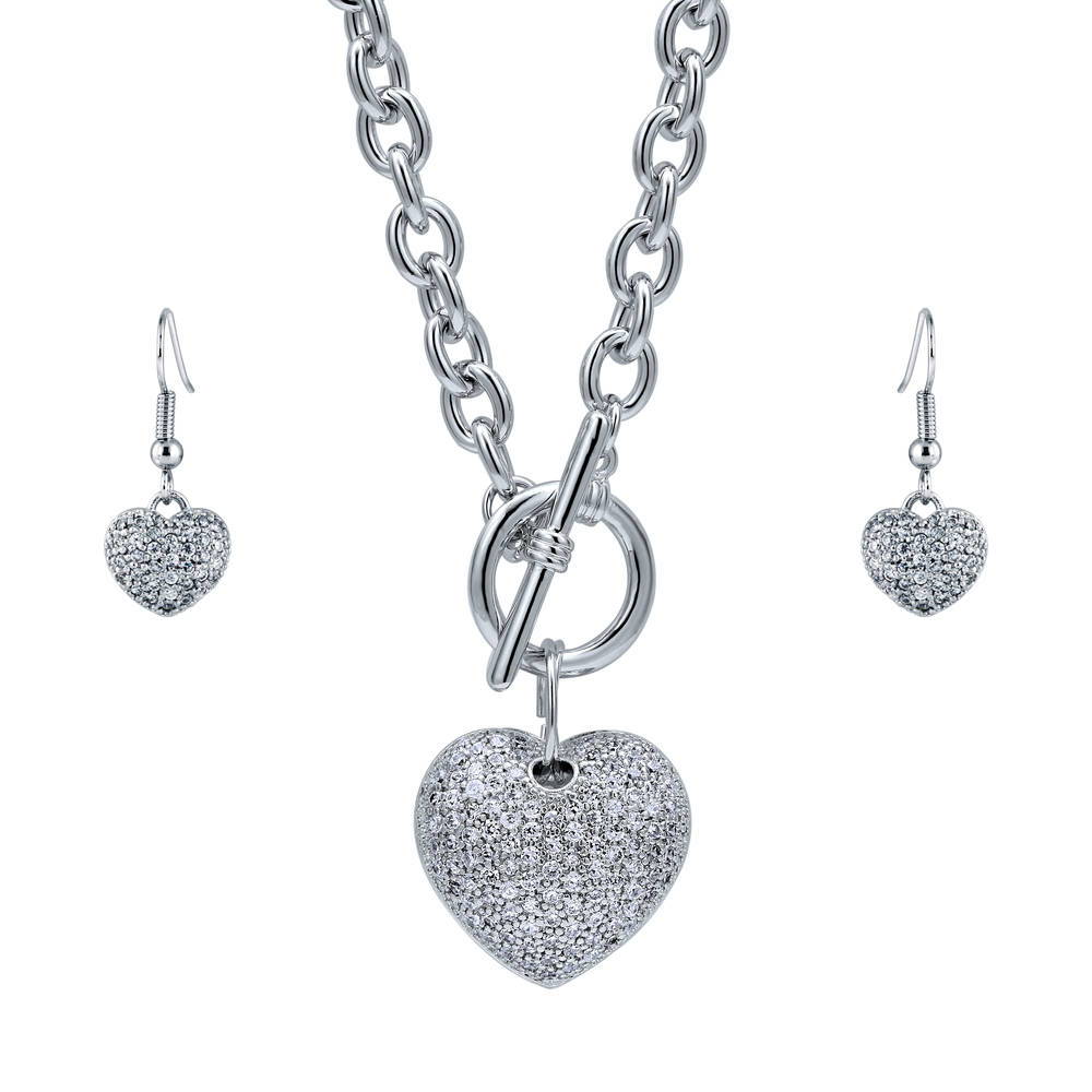 Heart CZ Necklace and Earrings Set in Silver-Tone, 1 of 13
