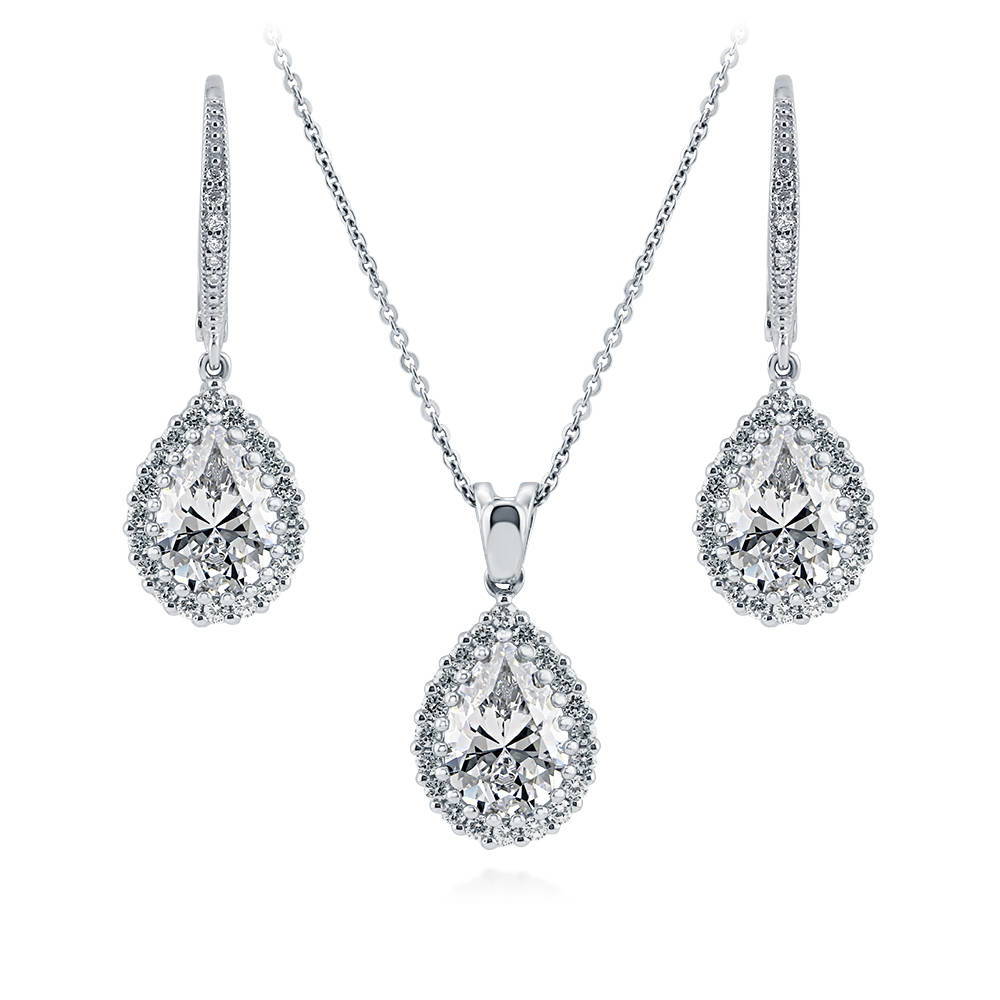 Halo Pear CZ Necklace and Earrings Set in Sterling Silver