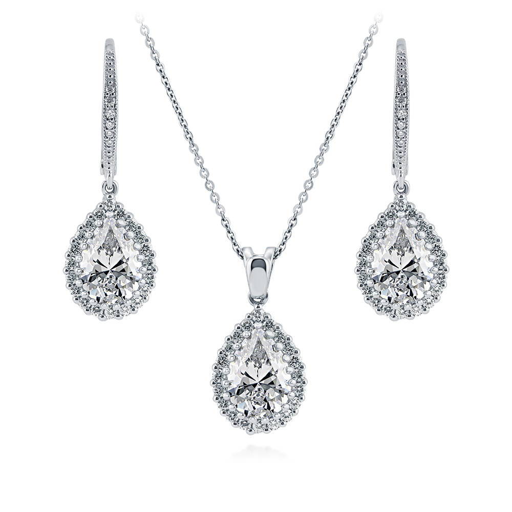 Halo Pear CZ Necklace and Earrings in Sterling Silver, 1 of 10