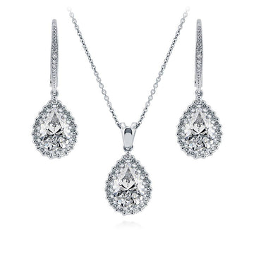 Halo Pear CZ Necklace and Earrings Set in Sterling Silver
