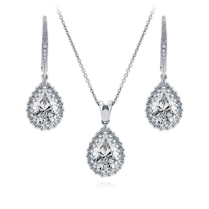 Halo Pear CZ Necklace and Earrings in Sterling Silver