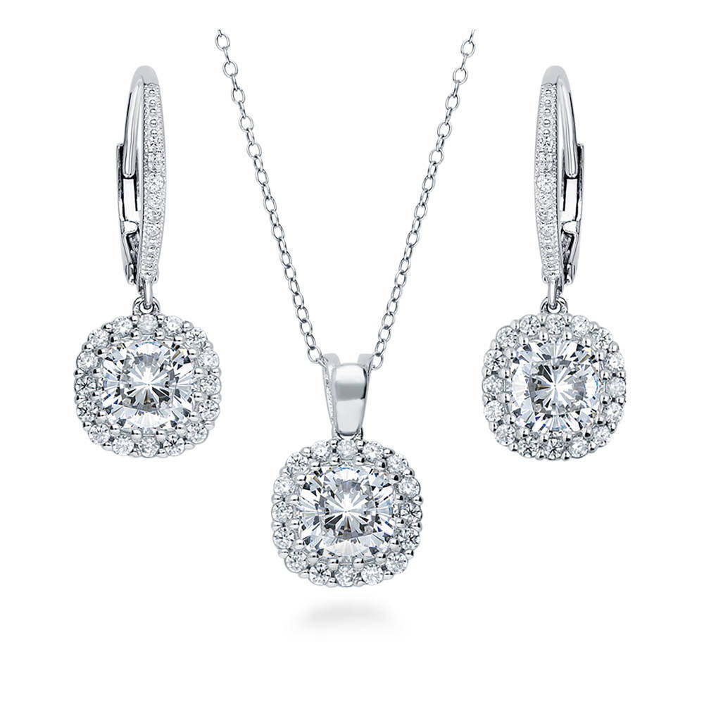 Halo Cushion CZ Necklace and Earrings Set in Sterling Silver