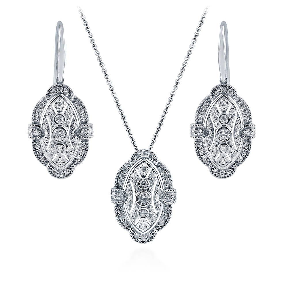 Art Deco Milgrain CZ Necklace and Earrings Set in Sterling Silver, 1 of 11