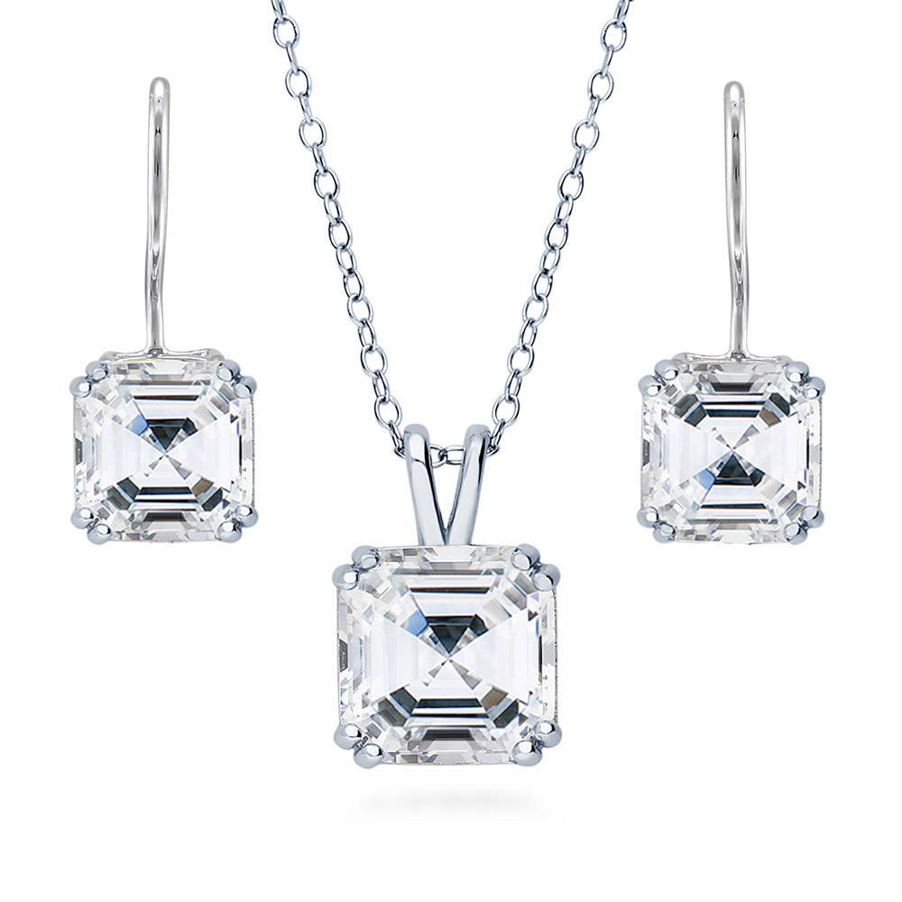 Solitaire Asscher CZ Necklace and Earrings Set in Sterling Silver