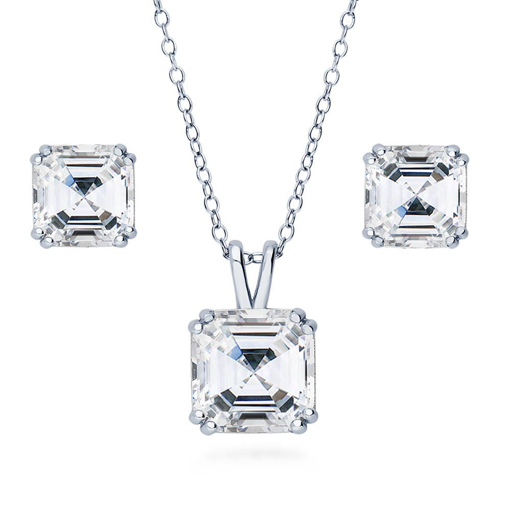 Solitaire Asscher CZ Necklace and Earrings Set in Sterling Silver, 1 of 16