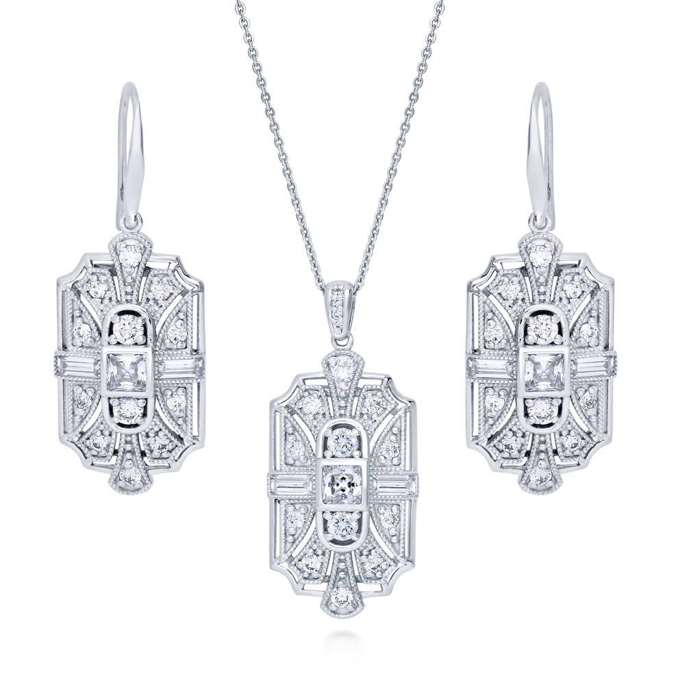 Art Deco Milgrain CZ Necklace and Earrings Set in Sterling Silver, 1 of 15