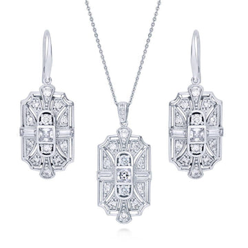 Art Deco Milgrain CZ Necklace and Earrings Set in Sterling Silver