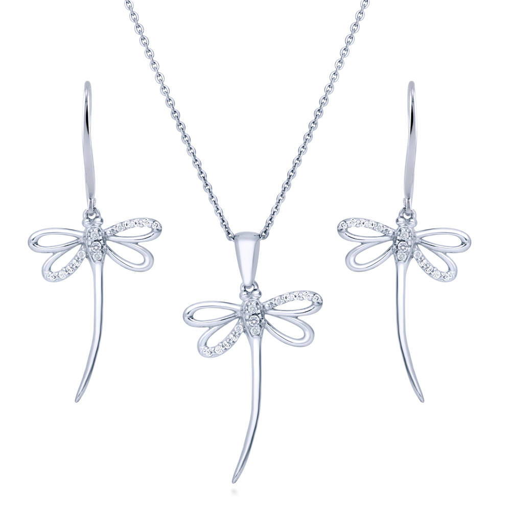 Dragonfly CZ Necklace and Earrings Set in Sterling Silver
