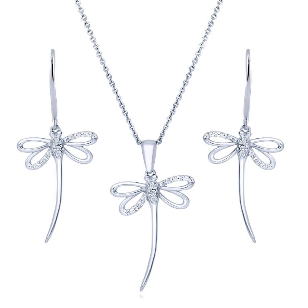 Dragonfly CZ Necklace and Earrings in Sterling Silver, 1 of 7