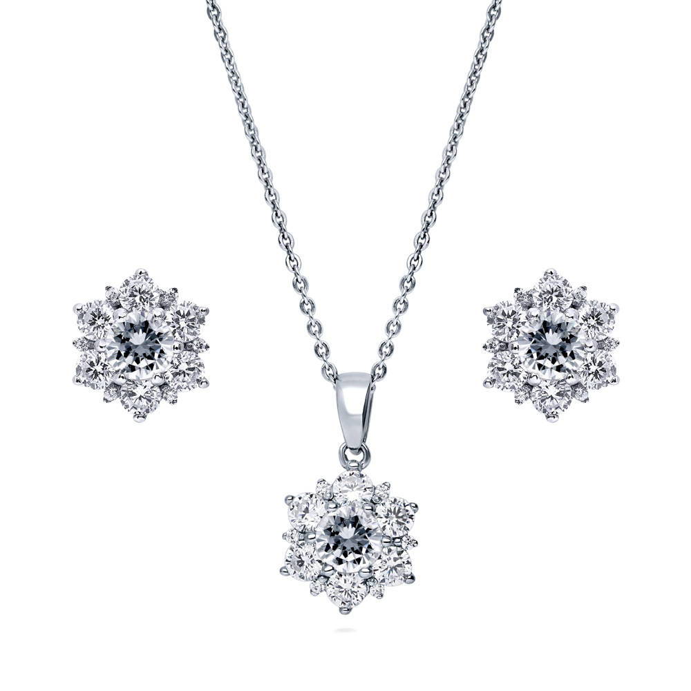 Flower Halo CZ Necklace and Earrings Set in Sterling Silver, 1 of 17