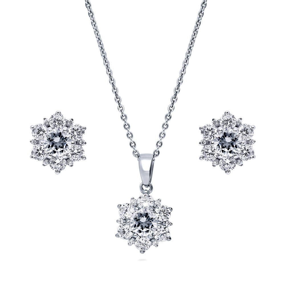 Flower Halo CZ Necklace and Earrings in Sterling Silver, 1 of 17