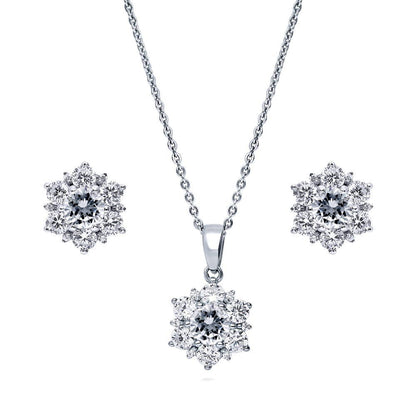 Flower Halo CZ Necklace and Earrings in Sterling Silver