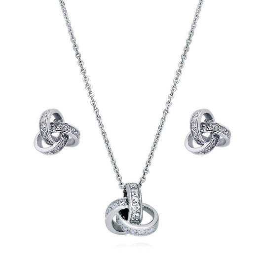 Love Knot CZ Necklace and Earrings Set in Sterling Silver