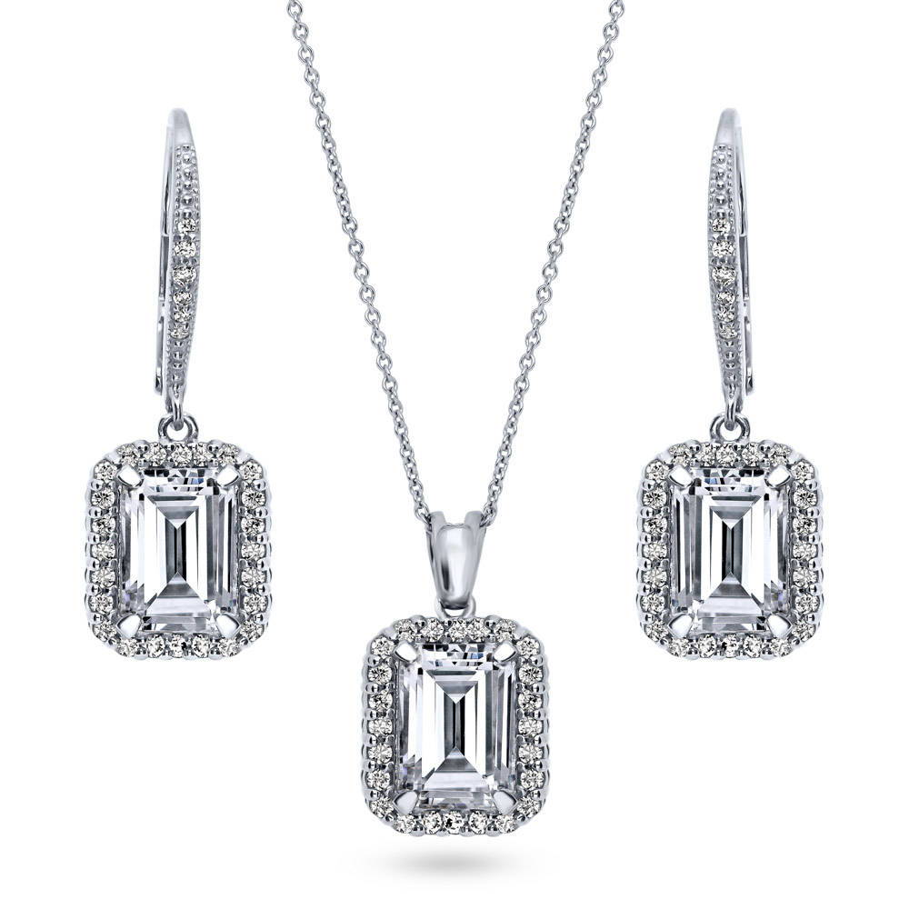 Halo Emerald Cut CZ Necklace and Earrings Set in Sterling Silver