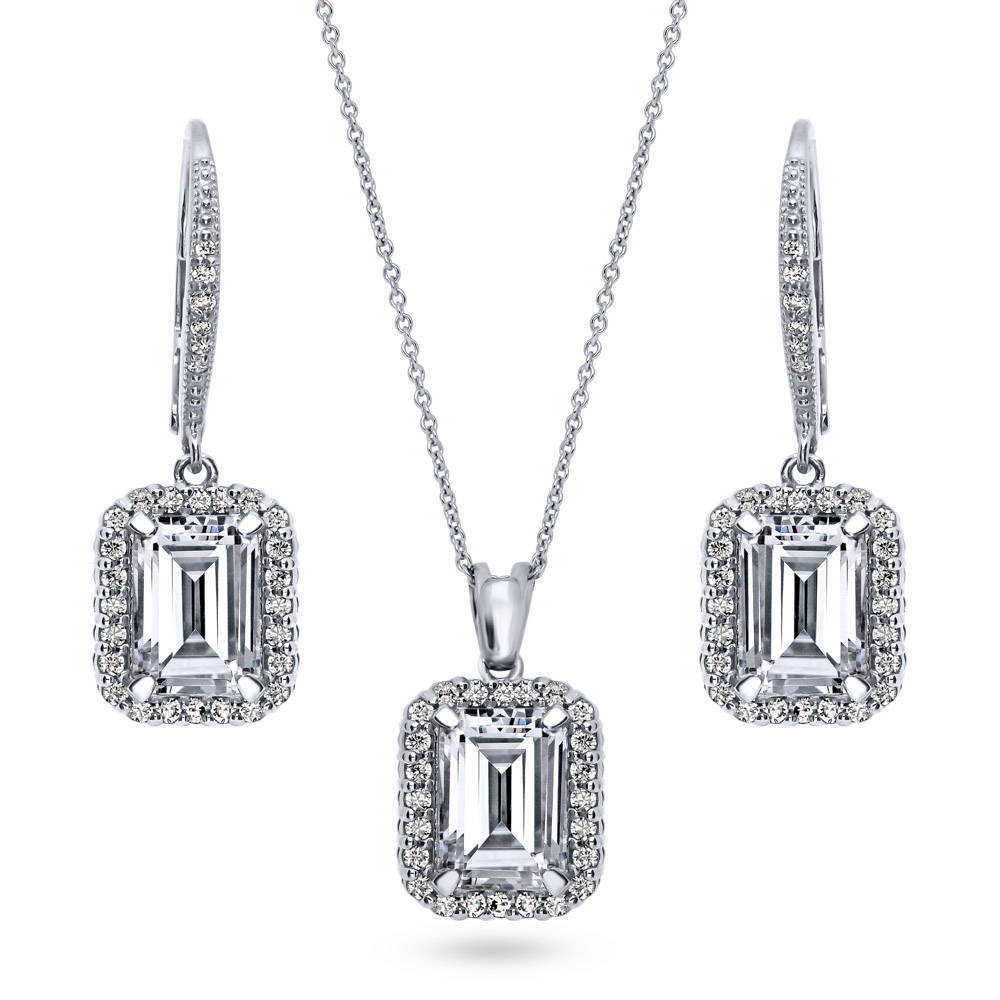 Halo Emerald Cut CZ Necklace and Earrings Set in Sterling Silver, 1 of 12