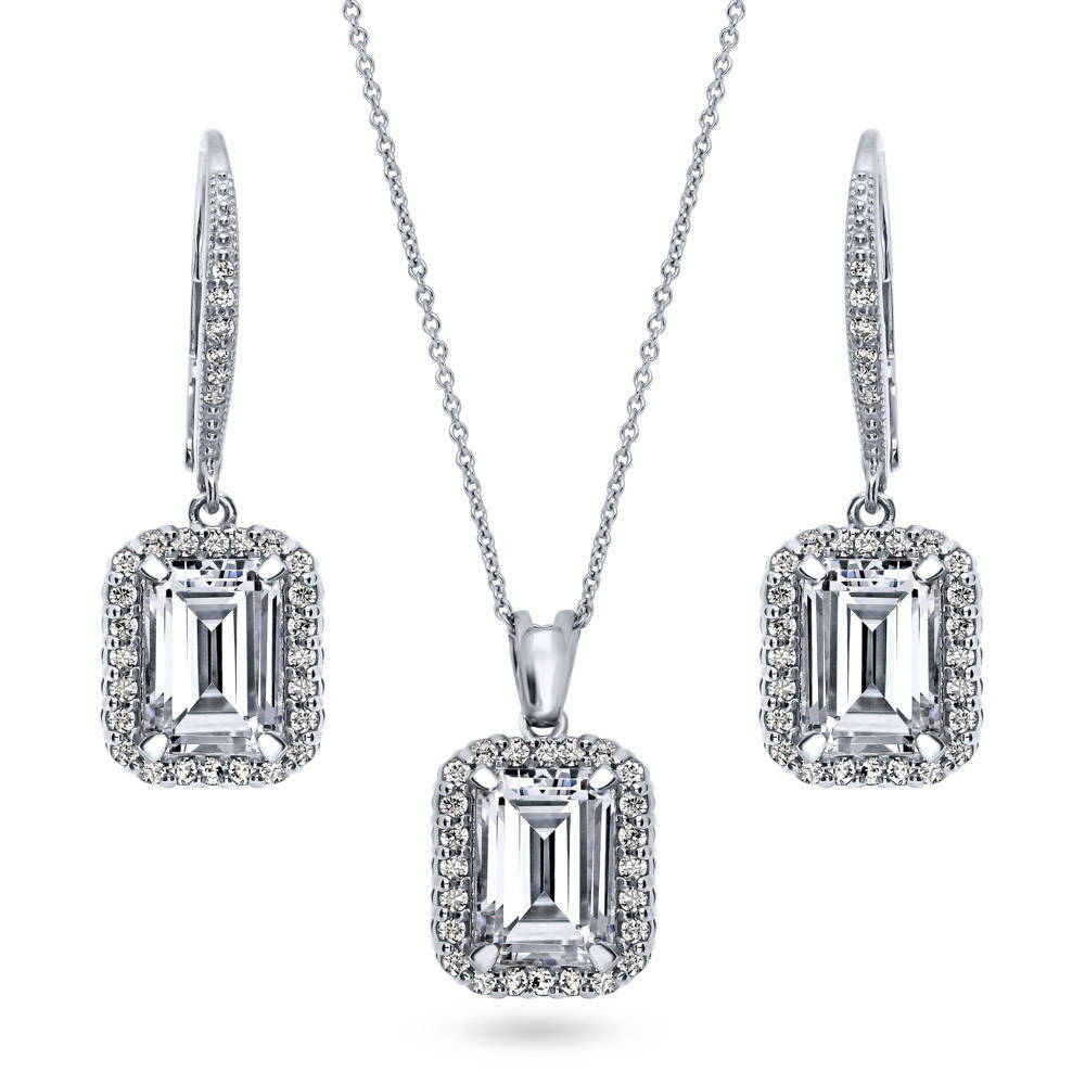 Halo Emerald Cut CZ Set in Sterling Silver, 1 of 13