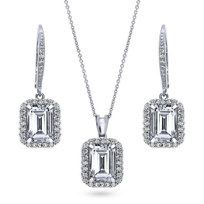 Halo Emerald Cut CZ Set in Sterling Silver