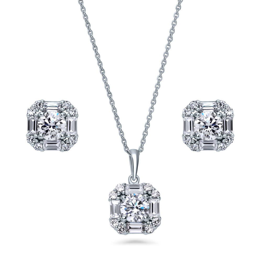 Halo Art Deco CZ Necklace and Earrings in Sterling Silver