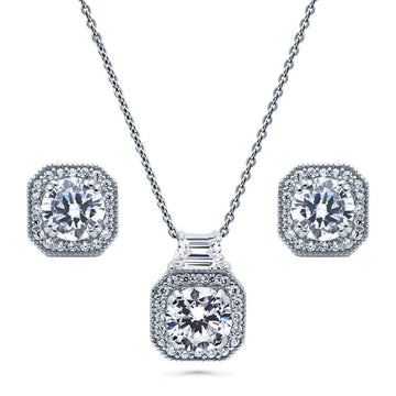 Halo Art Deco Round CZ Necklace and Earrings Set in Sterling Silver