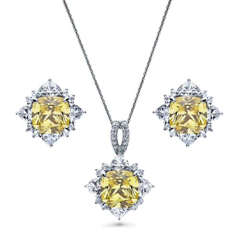 Halo Flower Canary Yellow Cushion CZ Set in Sterling Silver