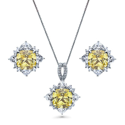 Halo Flower Canary Yellow Cushion CZ Set in Sterling Silver