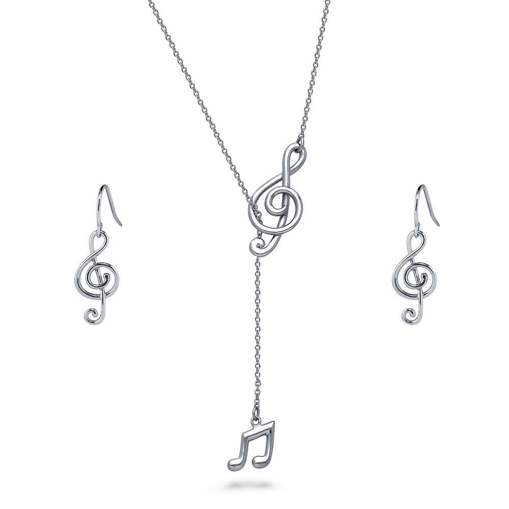 Treble Clef Music Note Necklace and Earrings Set in Sterling Silver