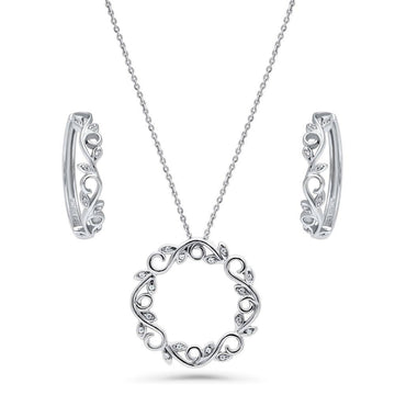 Leaf Filigree CZ Necklace and Hoop Earrings Set in Sterling Silver