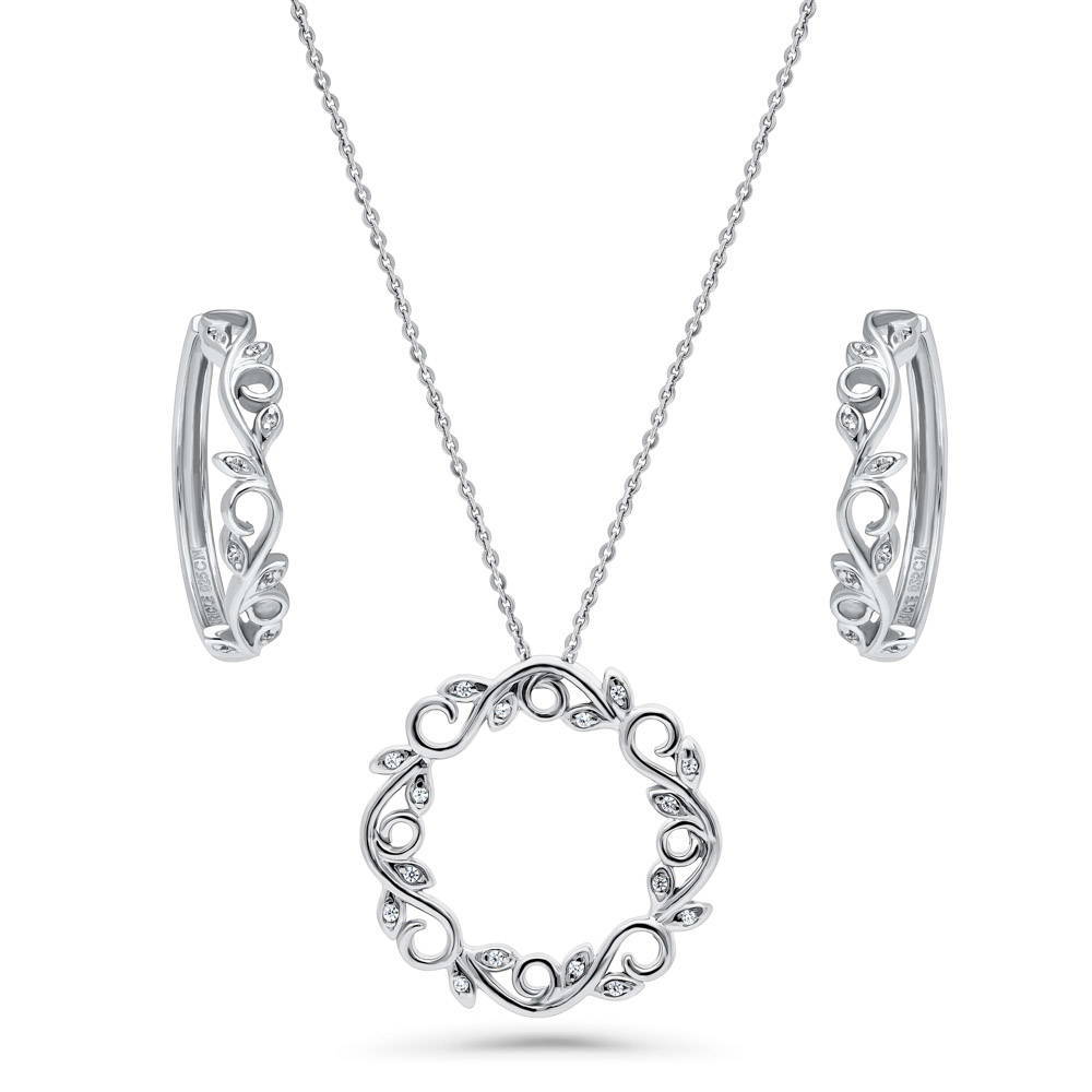 Leaf Filigree CZ Necklace and Hoop Earrings Set in Sterling Silver, 1 of 9